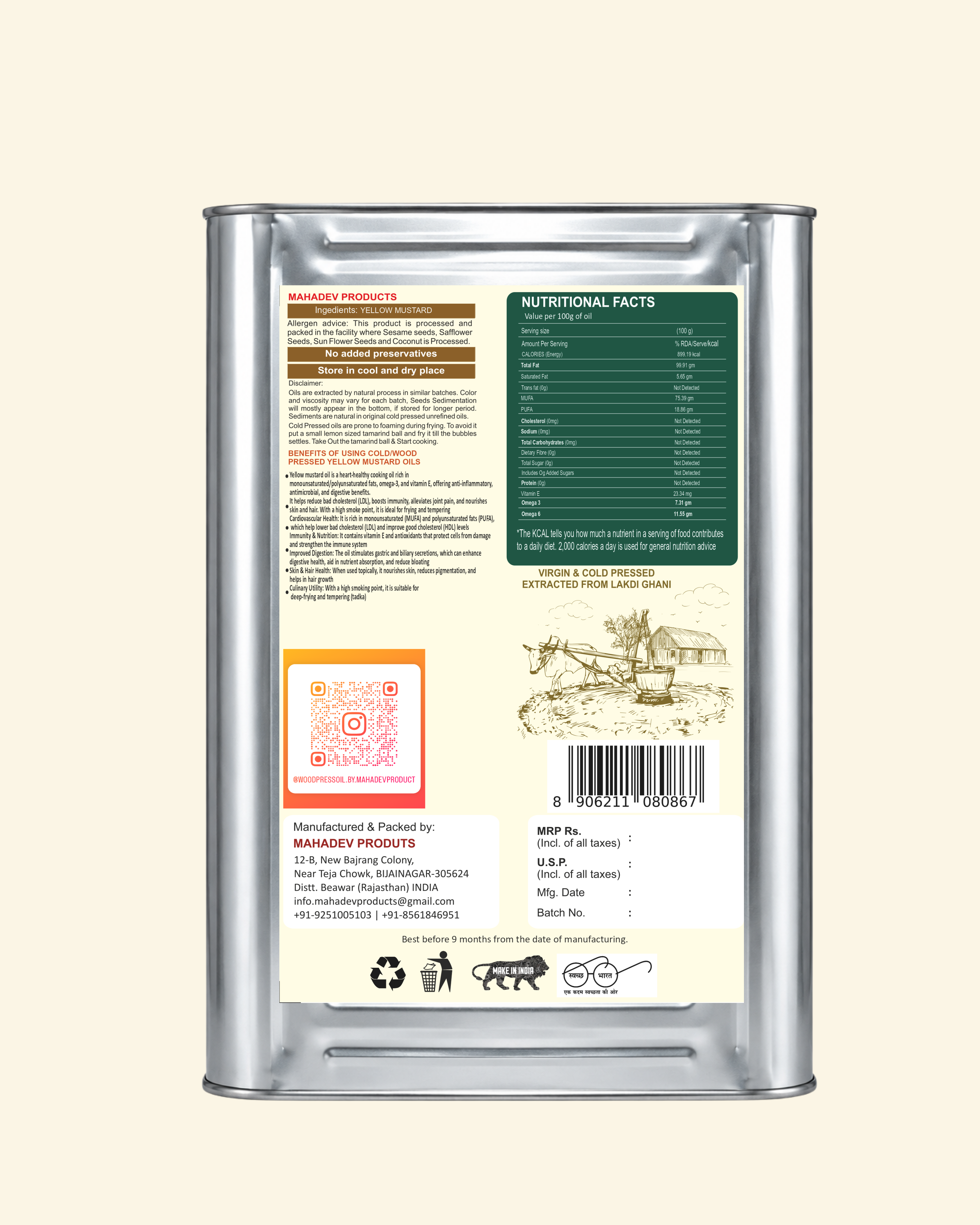 Wood Pressed Yellow mustard oil-15L